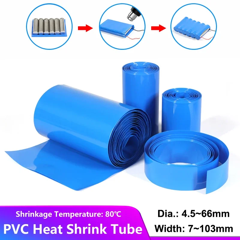 1/3/5M Blue 7mm~103mm PVC Heat Shrink Tube Insulated Shrink Tubing For 18650 Battery Packs Cable Sleeve Protection Film Wrap