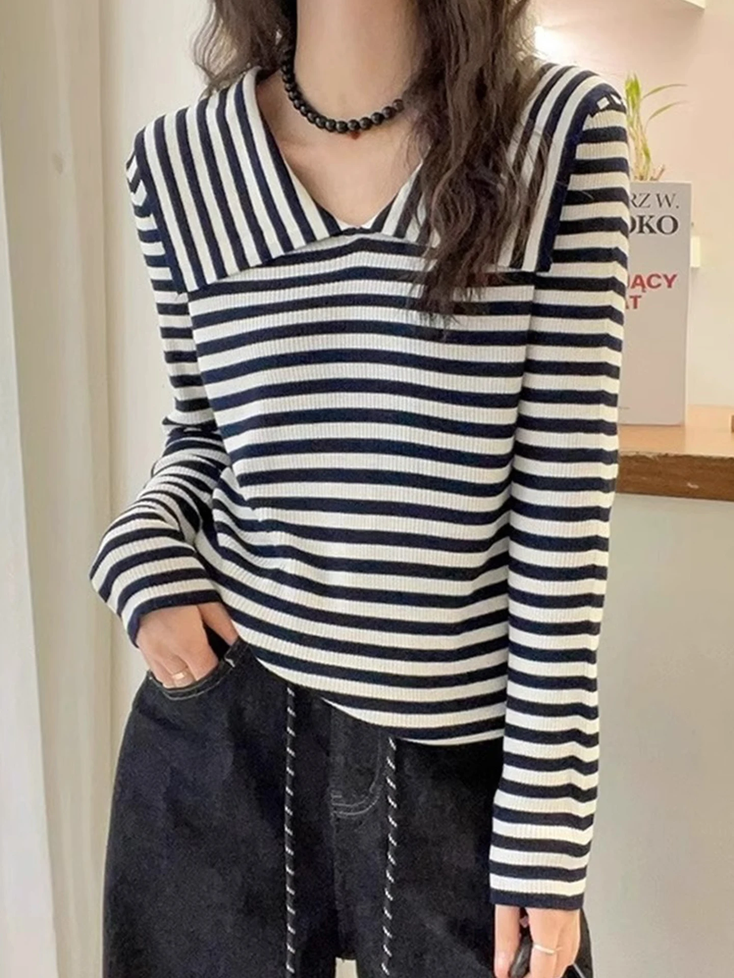 

Faionable Striped Knit Top Versatile Long Sve Base Layer irt Comfortable European Sle Autumn New Arrival Wool Blend