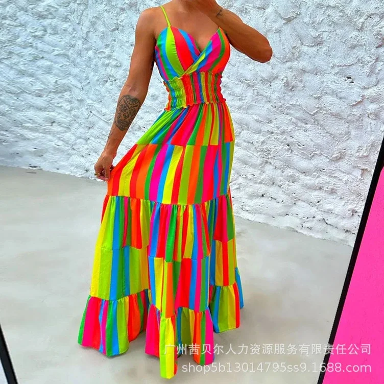 

Женское длинное платье без рукавов, повседневное элегантное платье в радужную полоску с лямкой на шее и открытой спиной, лето 2024