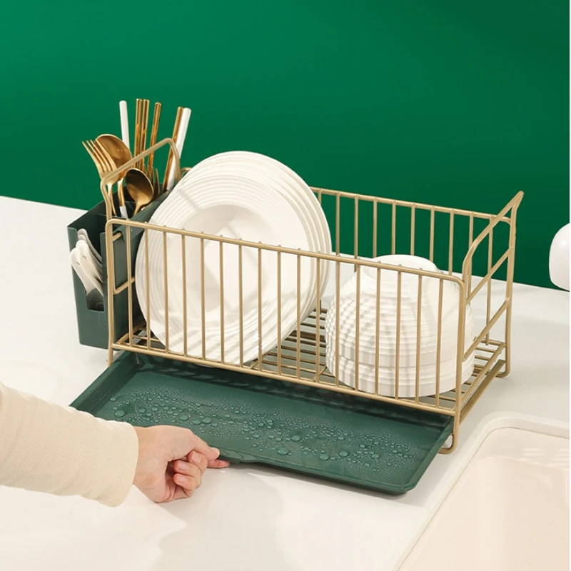 

New Luxury Kitchen Sink Dish Drainer Drying Rack with Cutlery Holder Tray Counter Storage Tableware Drainboard Gold Organizer