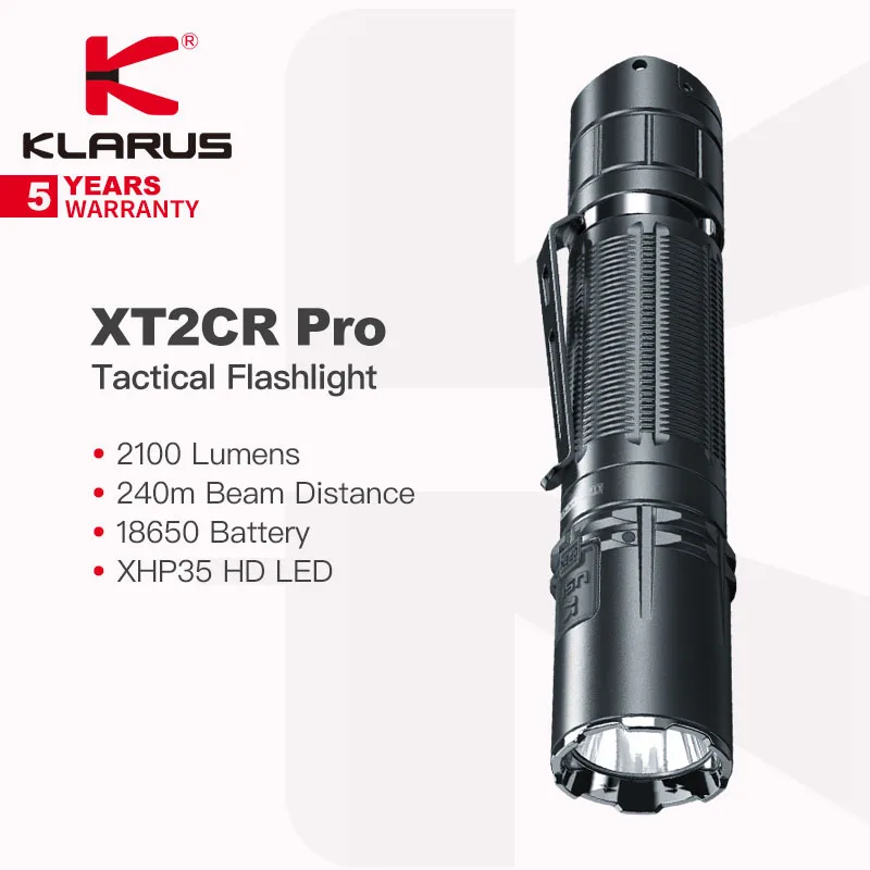 Klarus-linterna táctica LED recargable XT2CR Pro, interruptor trasero Dual, 2100 lúmenes, distancia de haz de 240m, batería 18650