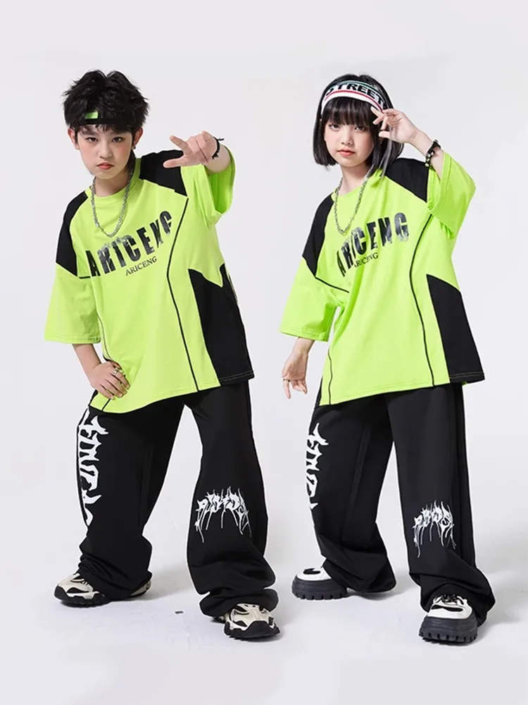 Ropa de Hip Hop Kpop para chico, camiseta gráfica verde, pantalones de chándal anchos informales con estampado negro para niña y niño, traje de baile de Jazz