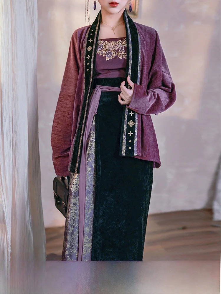 

Оригинальная юбка Hanfu Song Dynas Sle Evening Mountain Purple с вращающейся юбкой в виде свека в самолете, весна-осень, снежная нейловая вышивка...