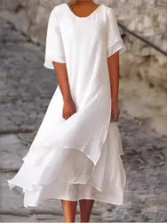 Spring Summer Fashion White Long Women's Irregular Dress V-neck Half Sleeve Leisure Vacation Beach Dresses For Women Robe Femme