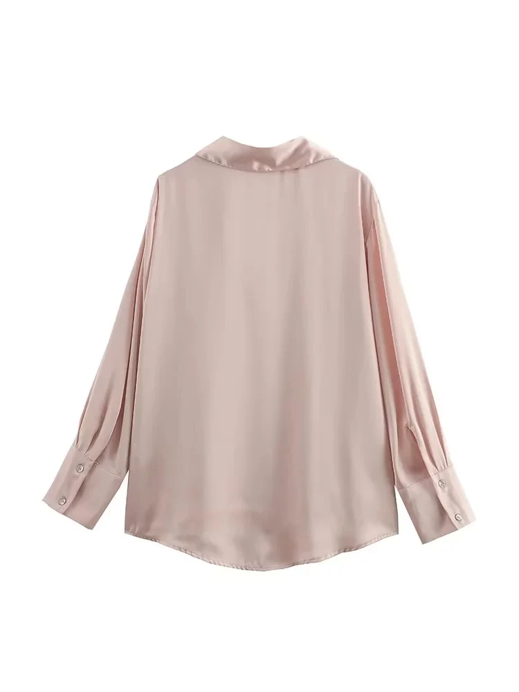 TRAF 2023 Woman Pink Shirt Satin Long Sleeve Blouse Women Collared Button Up Summer Shirt Casual Elegant And Youth Woman Blouses