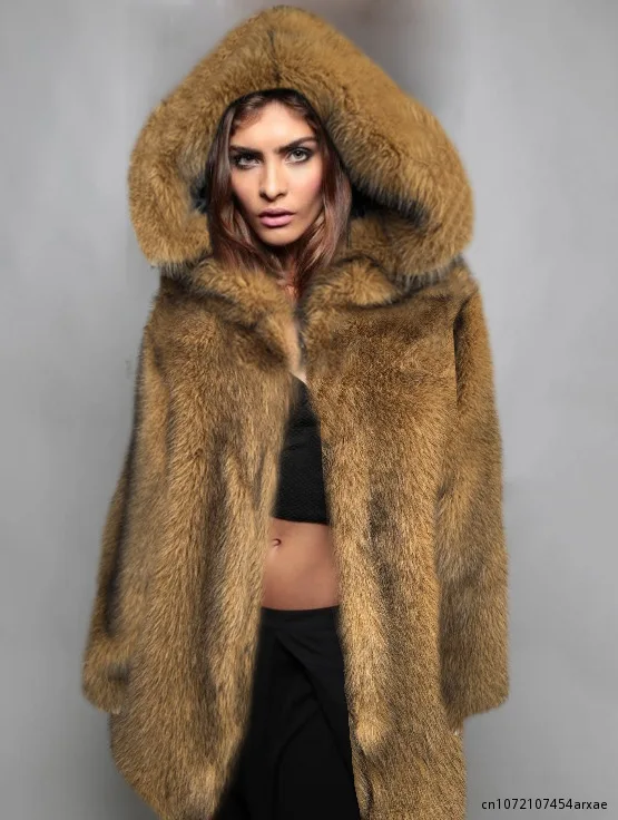 Winter Fashion Thick Faux Fox Fur Hooded Fur Coat women\'s mid-length Loose Warm Jacket Warm Loose Coat For Woman