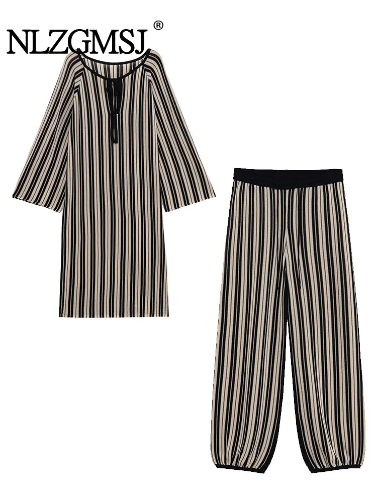 NLZGMSJ 2025 Mode Stricken Lange Hosen 2-teiliges Set Frau Outfit Oansatz Streifen Kurzarm Top Breite Bein Hosen Anzüge