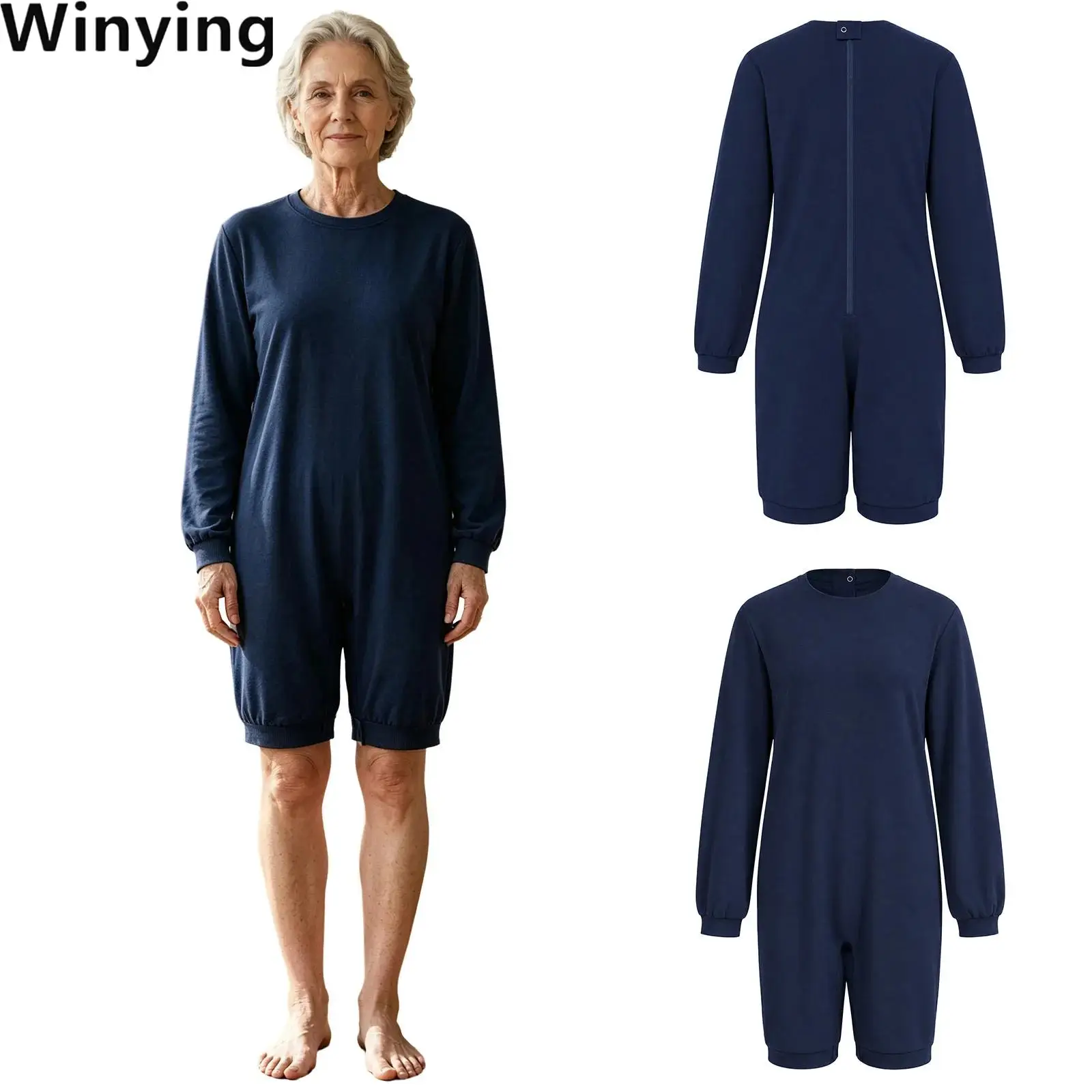 Women Anti-strip Adaptive Bodysuit Round Neck Long Sleeve Zipper Back Crotch Thigh Length Bodysuit for Elderly People
