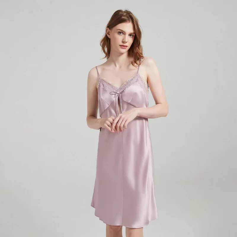 100% Mulberry Silk Women Night Dress Lace Splicing Bowknot Backless Sleepwear Luxury Loungewear Pajamas Home Summer