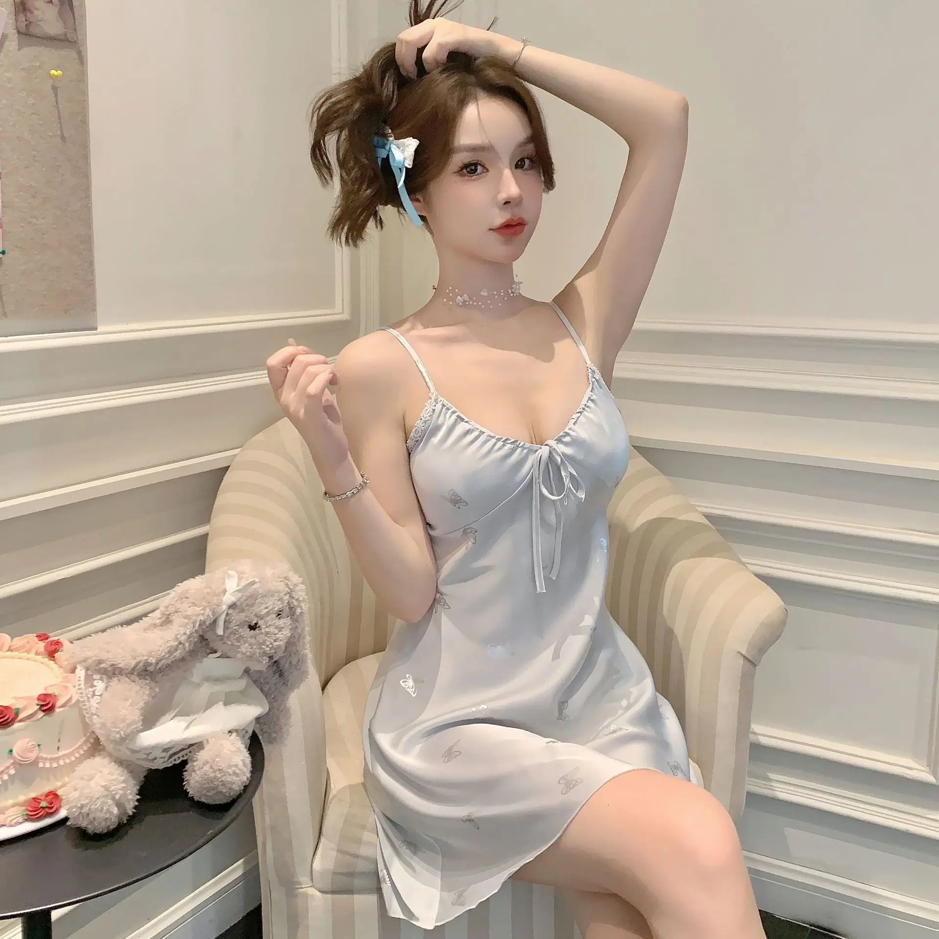 Spaghetti Strap Nightgown Women Nightdress Satin Summer Sexy Intimate Lingerie Soft Sleep Dress V-Neck Home Dressing Gown