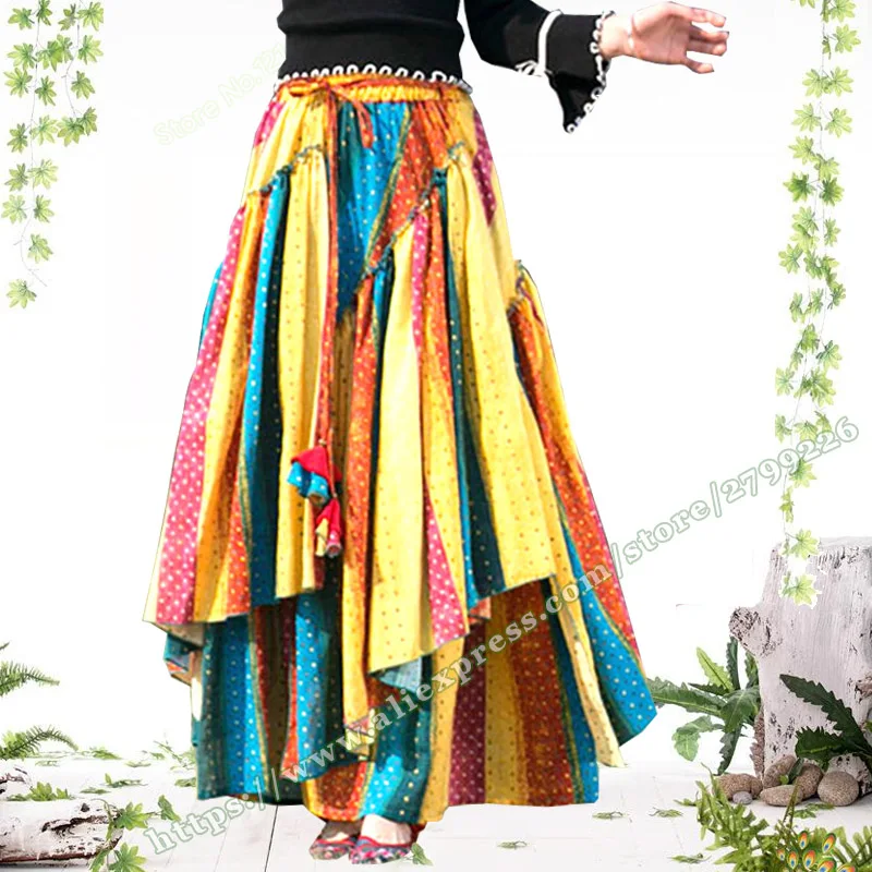 

Splice Neon Yellow rainbow Polka dot Maxi Skirt Women 2023 Cottagecore Skirts Cotton Linen Women's Long Asymmetrical Skirt