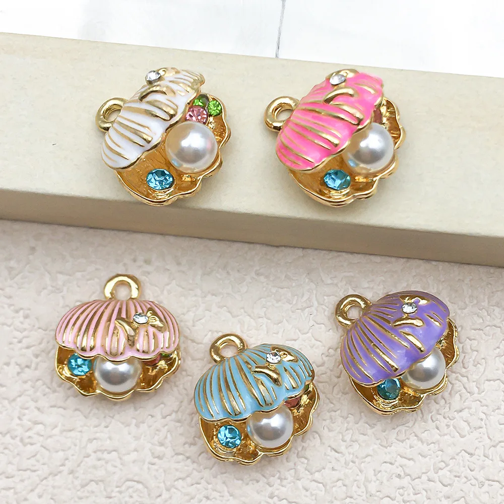 1-5pcs Drip Oil Imitation Pearl Inlaid With Ocean Scallop Shaped Alloy Pendant For DIY Exquisite Keychain Necklace Accessories