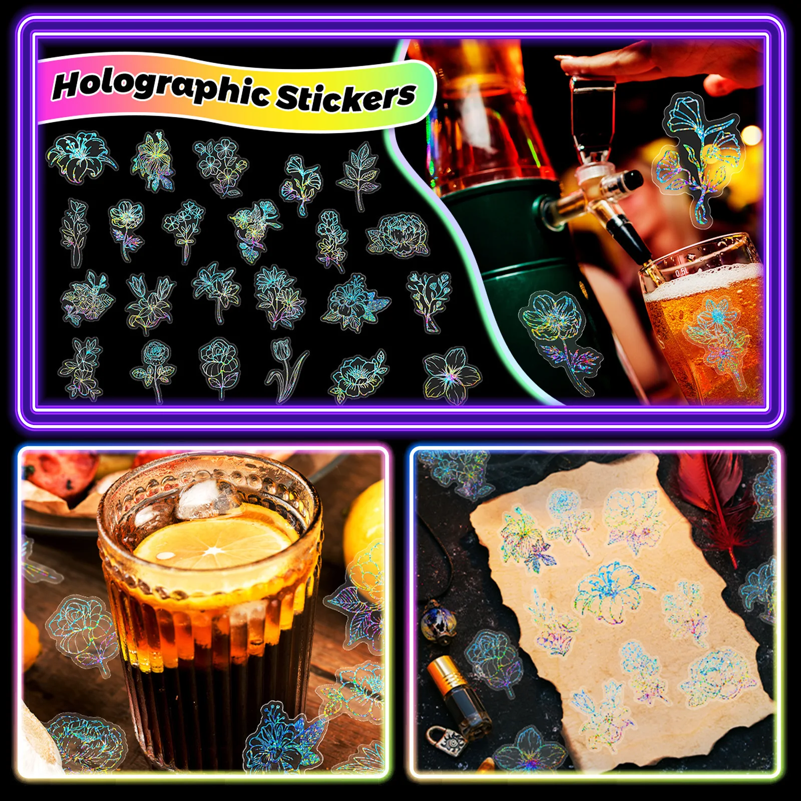 متنوعة 50/100 قطعة من ملصقات الليزر على شكل زهرة فضية يمكنك صنعها بنفسك لتزيين كوب الماء وملصقات الحيوانات الأليفة الشفافة