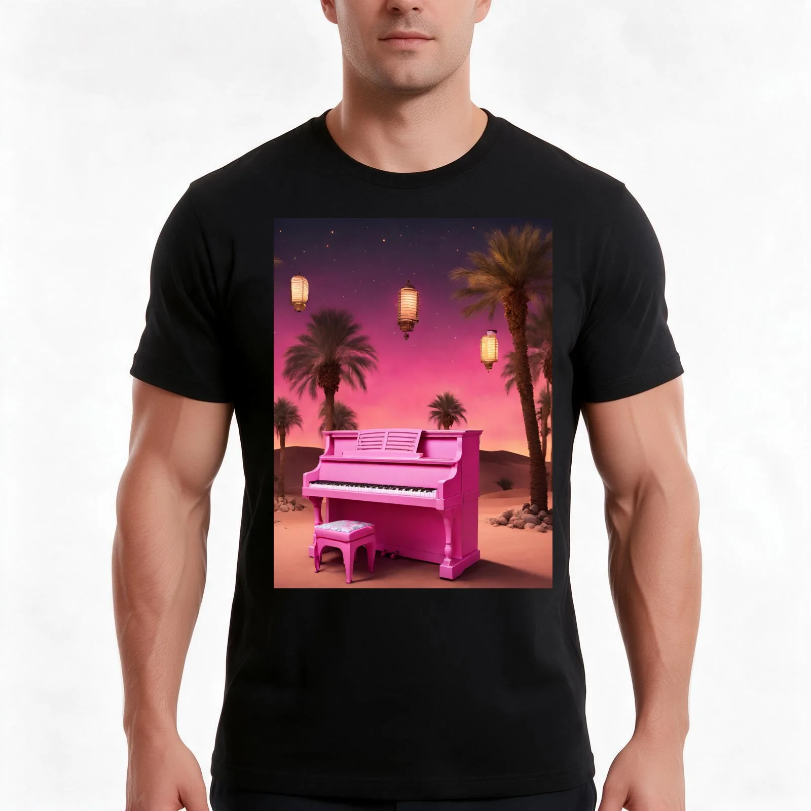 Piano in the Egyptian desert with Pyramids, jungles, lanterns, ancient Rome T-Shirt, Summer Casual Cotton Tee, Unisex Men Women