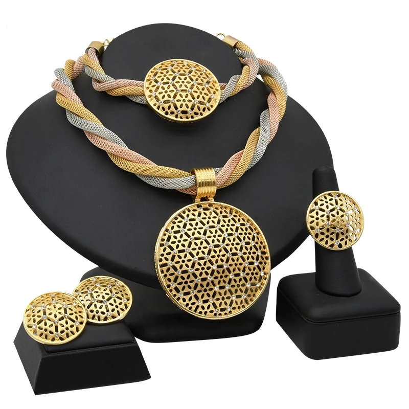 ESALE Brazilian High Quality Female Bridal Wedding Necklace Earrings Rings Bracelets Jewelry Three Color Four Piece Set