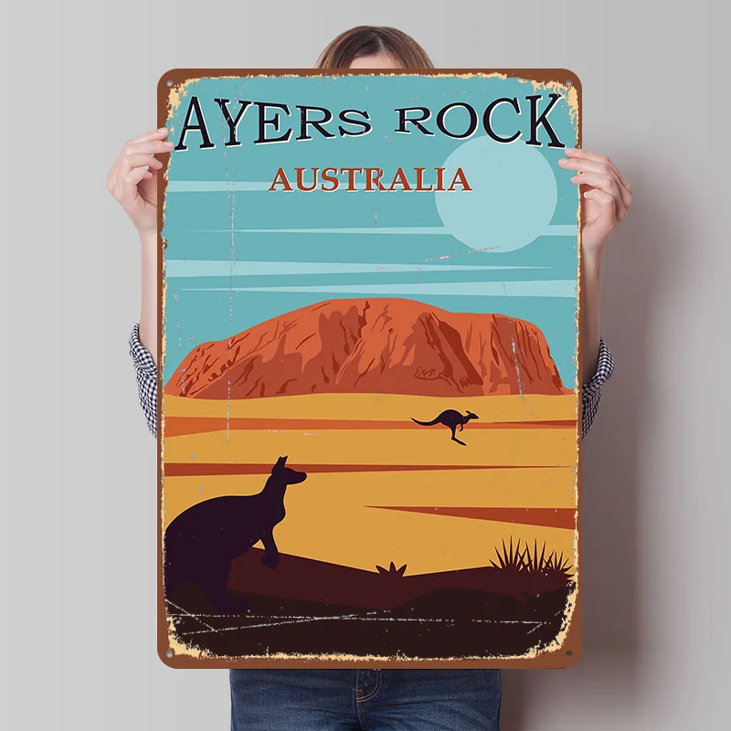 Ayers Rock Australia Travel Metal Poster Custom Wall Art Retro Vintage Tinplate Signs for Man Cave Garage Decoration Room Decor