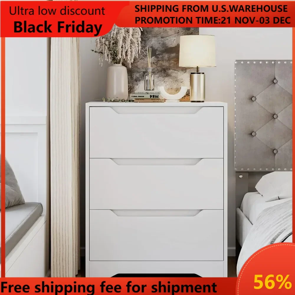 

Modern 3 Drawer Dresser, Wood Chest of Drawers with Storage,Tall Nightstand with Cut-Out Handles, Side End Table, Accent Storage