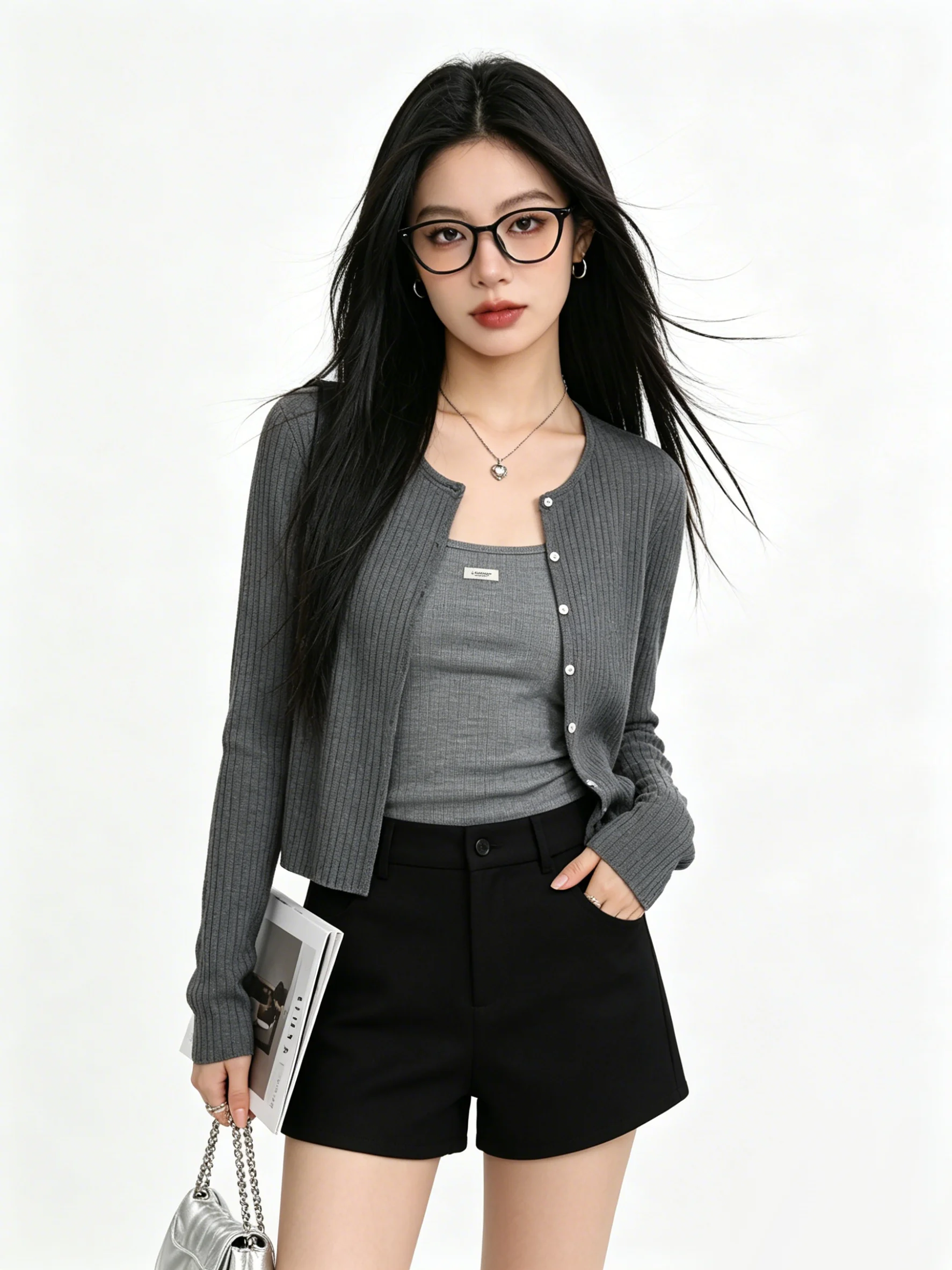 Spring 2026 Women's Slim Fit Long Sleeve Knitted Open Cardigan Set Deep Grey Retro Style Fashionable Two-Piece Ensemble