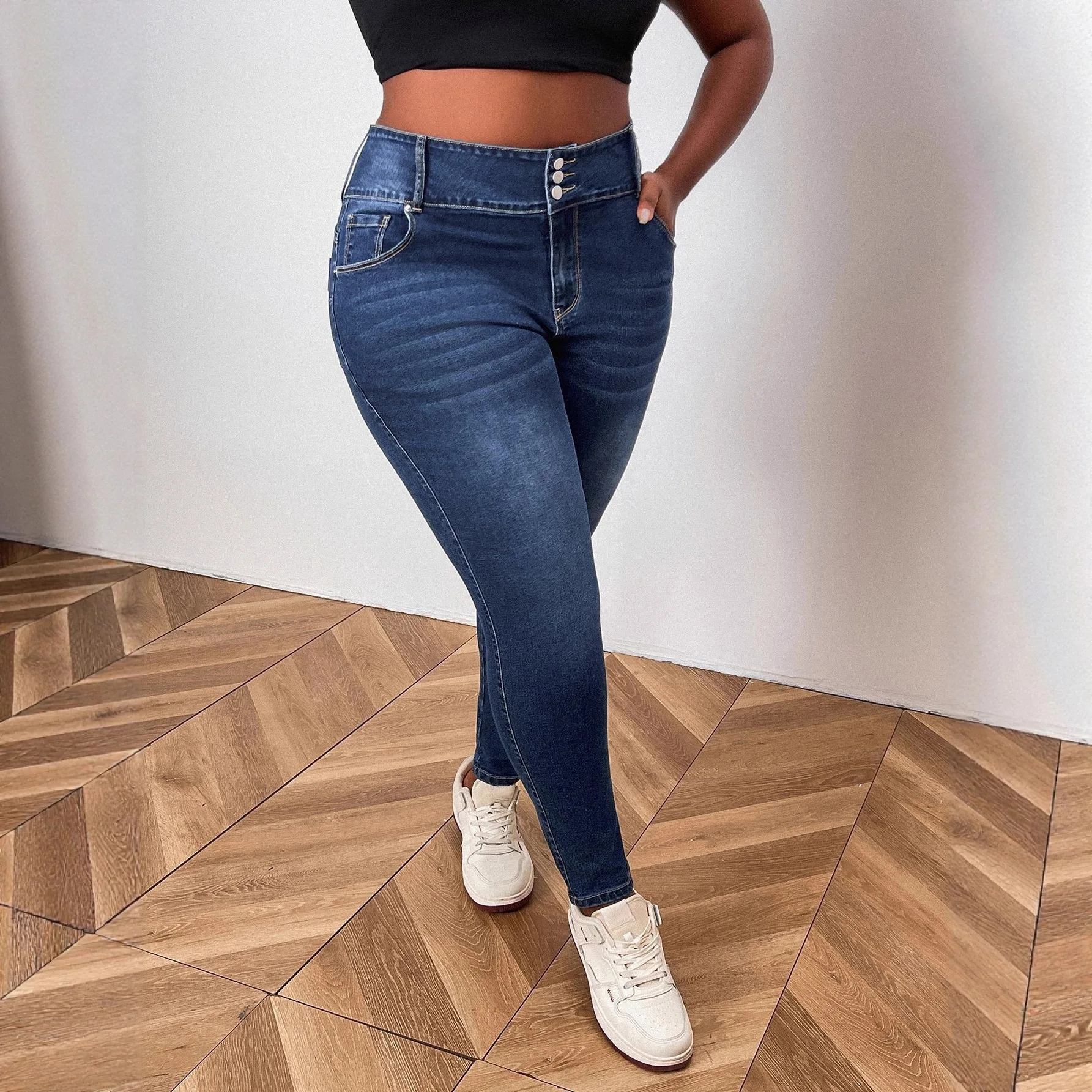 European and American Large Size Jeans Straight High Waist Elastic Hip Lift Thin Jeans