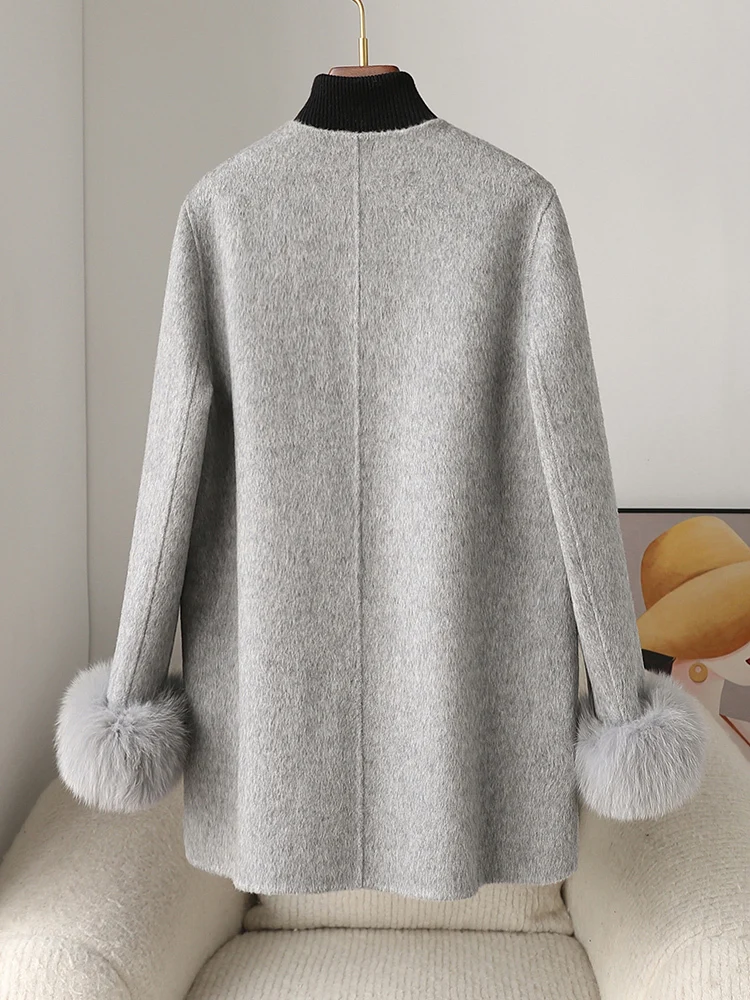 2024 Autumn/Winter New Double sided Cashmere Coat with High Luxury and Detachable Hair Double sided Woolen Coat for Women