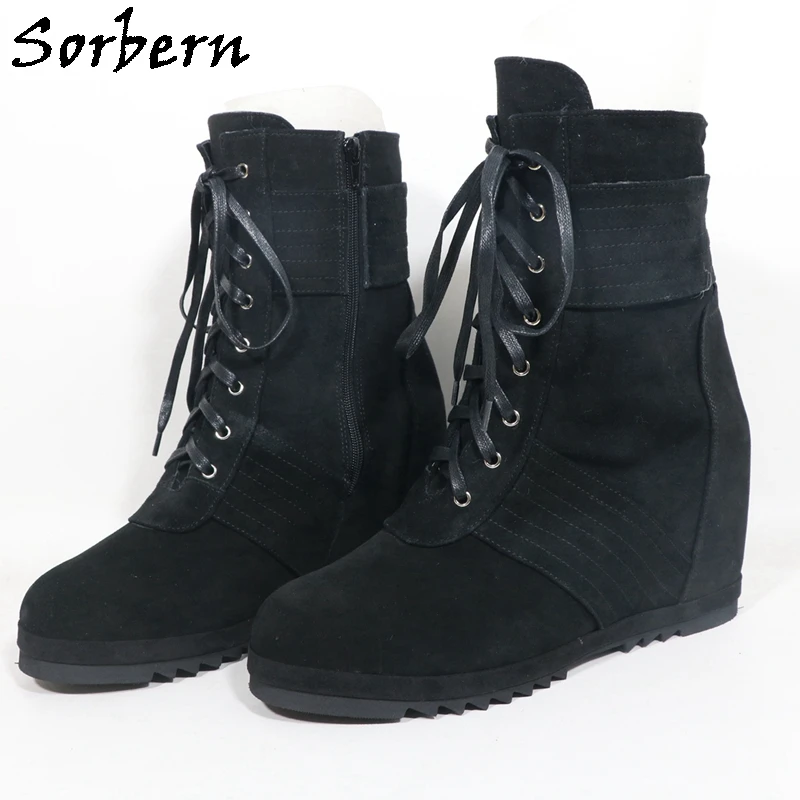 Sorbern Black Fake Suede Ankle Women Boots Women High Heel Round Toe Platform Shoes Hidden Wedge Heel Custom Plus Size 47 48