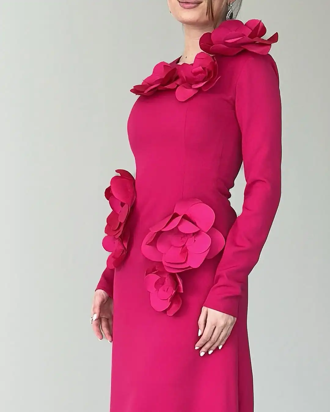 

Customized Sheath Long Sleeves Prom Dresses O-Neck Ankle Length Pleated Flowers Formal Party Dress Evening Dresses