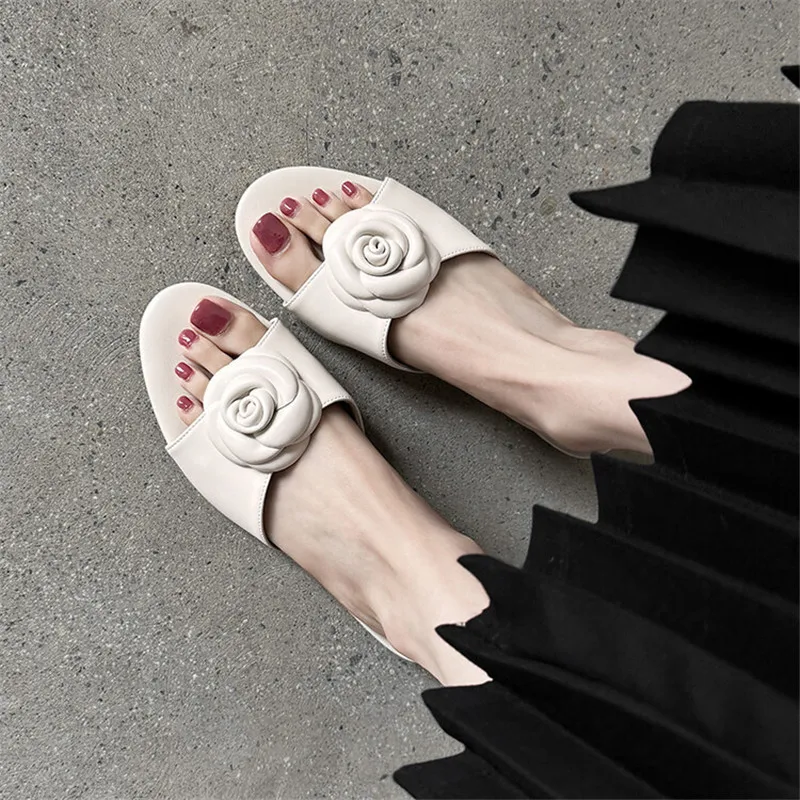 

New Summer Women Slippers Sheep Leather Round Toe Shoes for Women Fashion Flower Open Toe Slippers Mid Heels Handmade Shoes