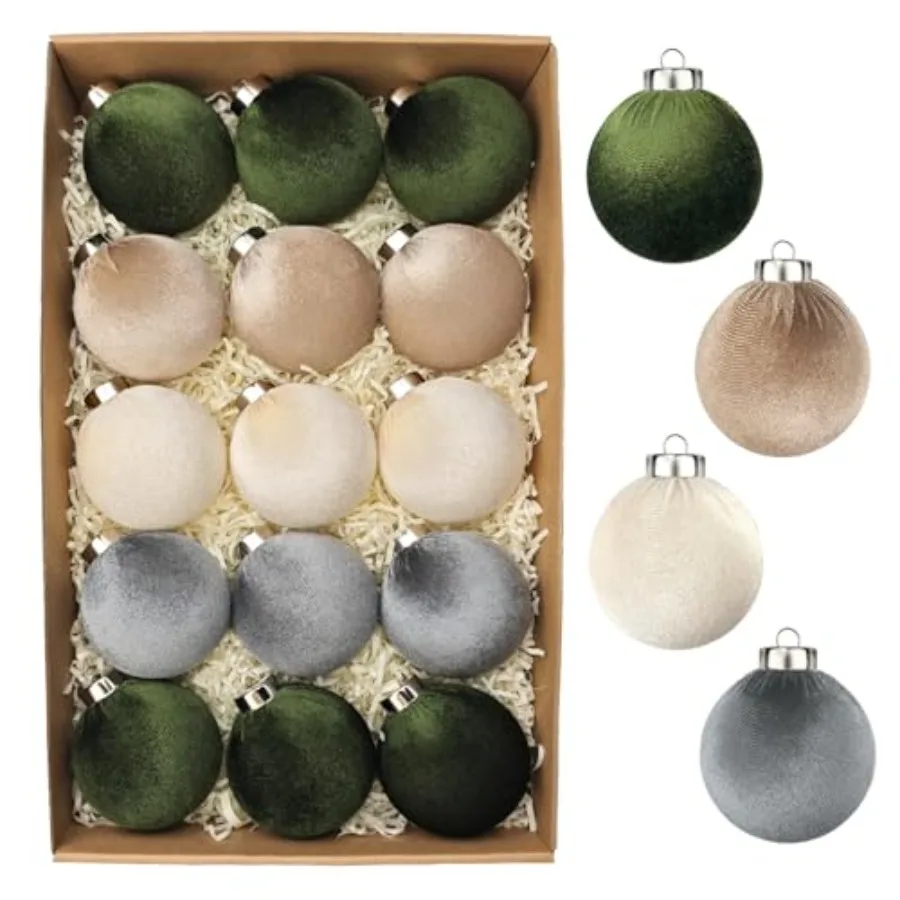 

3.15 Inch Velvet Ball Ornaments for Christmas Tree 15 PCS, Large Neutral Flocked Christmas Bulb Ornaments Set - Earth Tone Deco