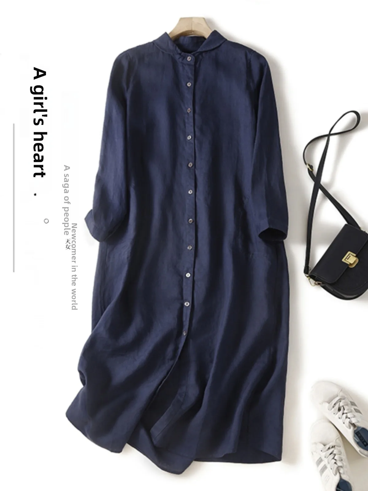 Décontracté pur lin irt Dr poupée col t-shirt quart Sve longue Dr printemps été a-ligne jupe conception à bouton unique