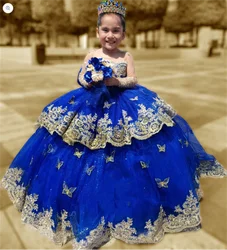 Royal Blue Gold Appliqué Flower Girl Dresses Evening Dresses for Special Occasions Prom Wedding Children Clothes Girl