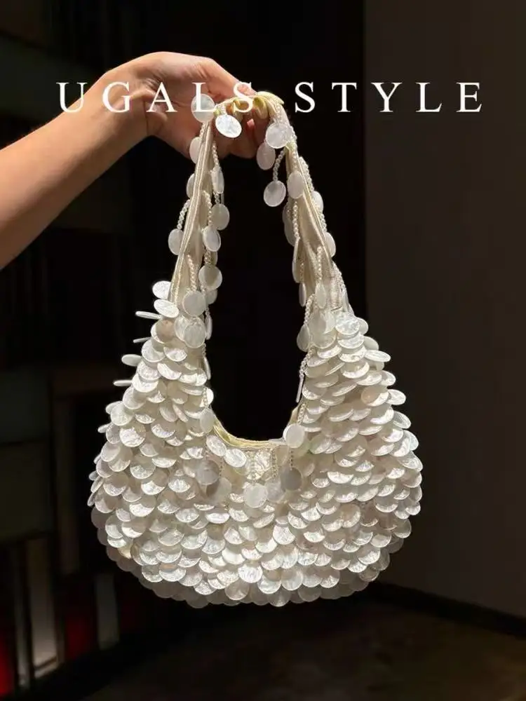 

Beads Beading Tassel Hobo Bag Fashion Shell Woven Handmade Shoulder Bag Luxury Clutch Purse High Quality Women's Handbag