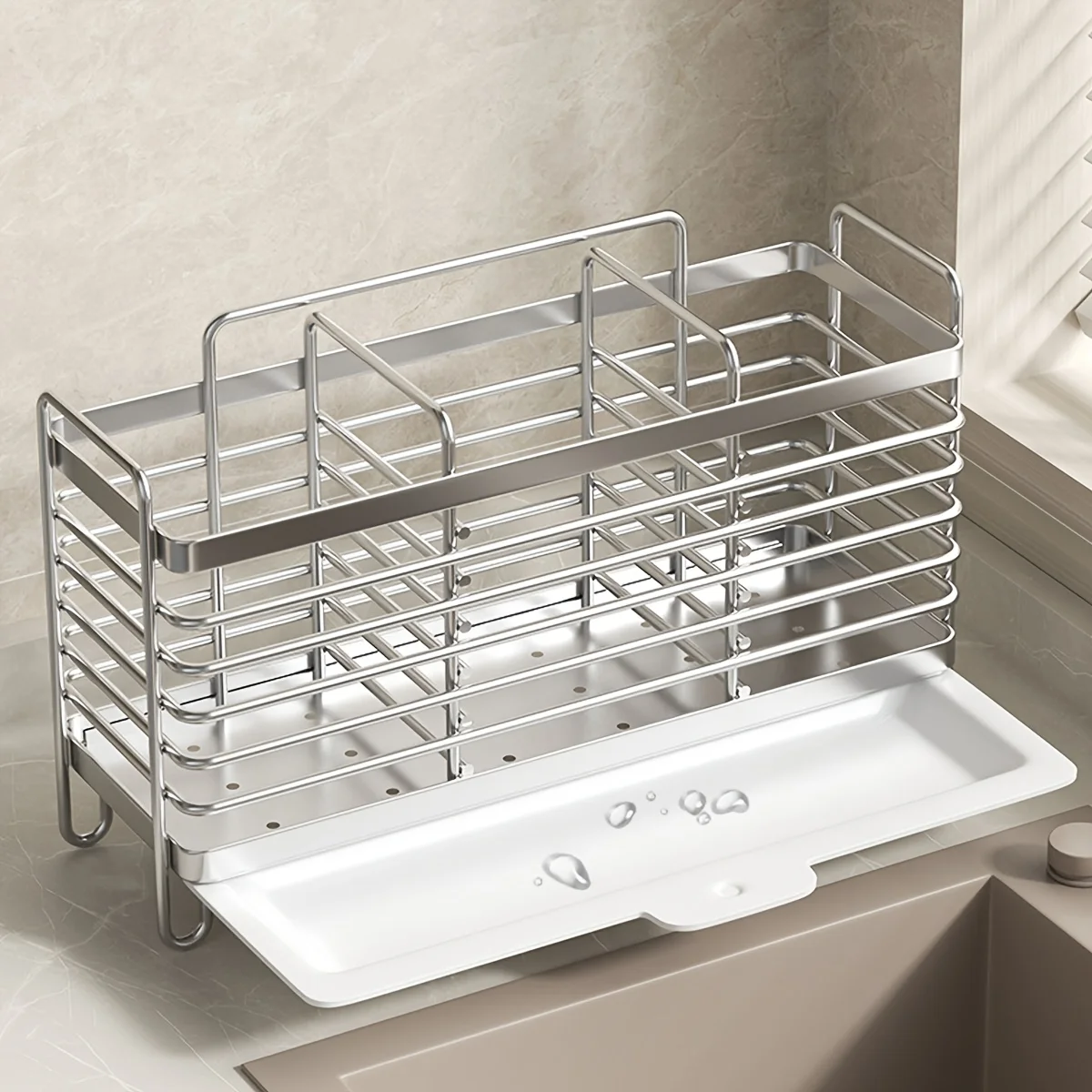Dual Use Kitchen Cutlery Organizer Chopstick Spoon Storage Rack With Water Drain Tray For Counter Wall