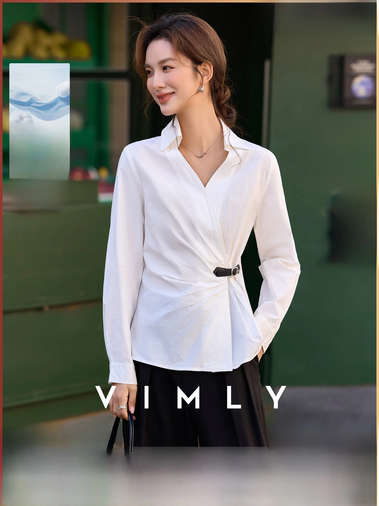 

Ele Pure Cotton Women's irt Belt Design Contrast Color Leather Button Spring New Sle Casual Slim Fit Long Sve irt