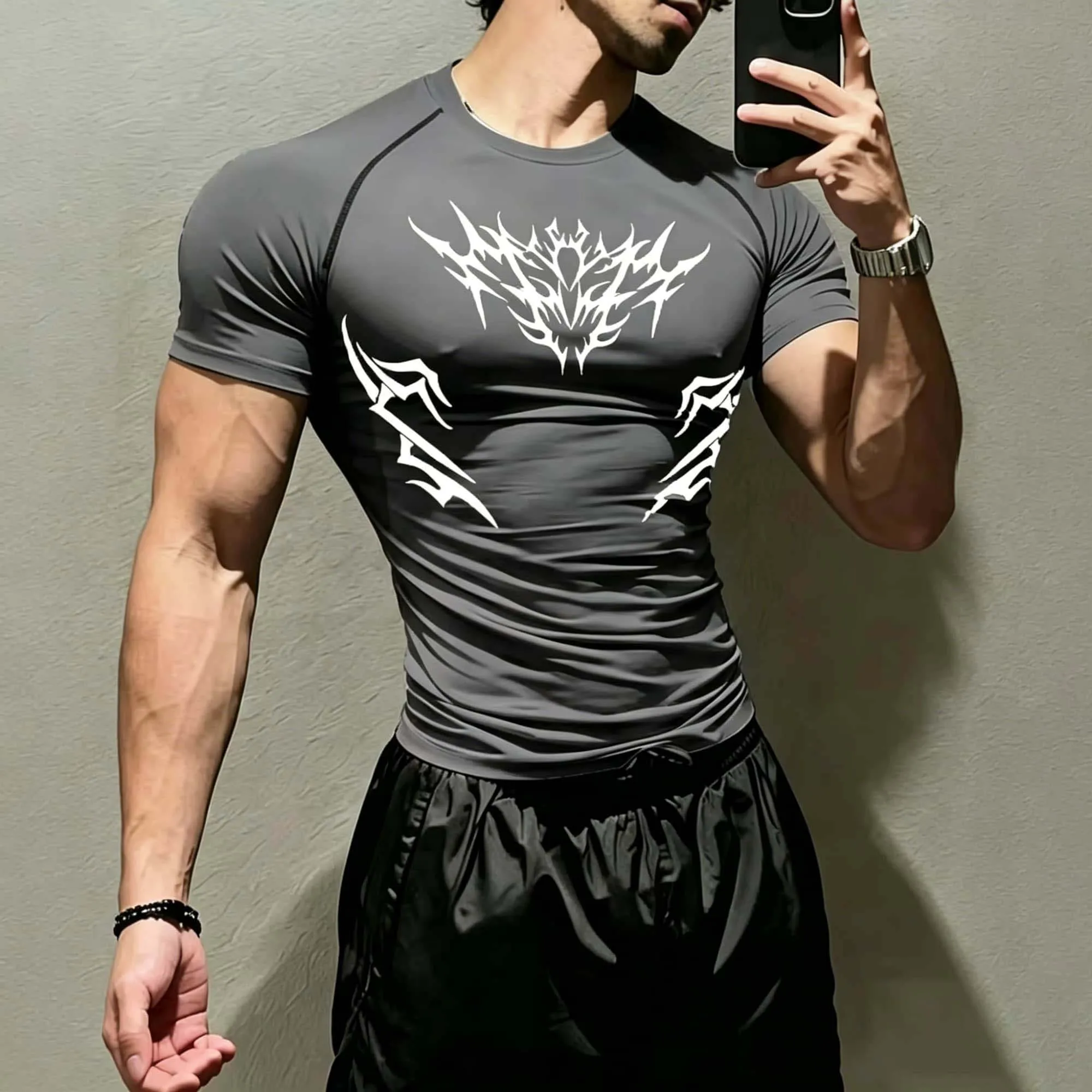 Neu eingetroffen: Tribal Sharp Thorn Totem Kompressions-Tops für Herren – Atmungsaktives, elastisches Kurzarm-Shirt für Outdoor, Radfahren, Jogging und Fitness – Detail 2