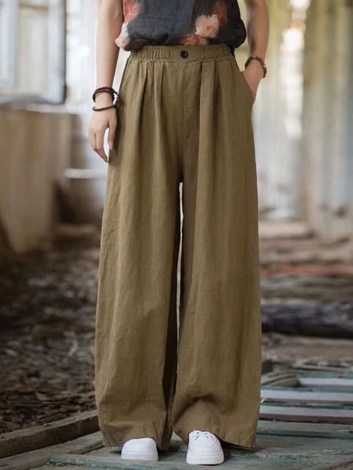 Hochgeschnittene Weite Hose mit Geradem Schnitt für Damen, Lässige Lose Leinen-Baumwoll-Mischung, Bodenlange Hose, Sommer 2024 Neu