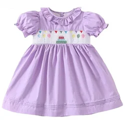 2024 Balloon Cake Handmade Baby Girl Clothing Smocking Dresses Pink Purple Cotton Summer Outfit Birthday Party Clothes For 1-6 Y