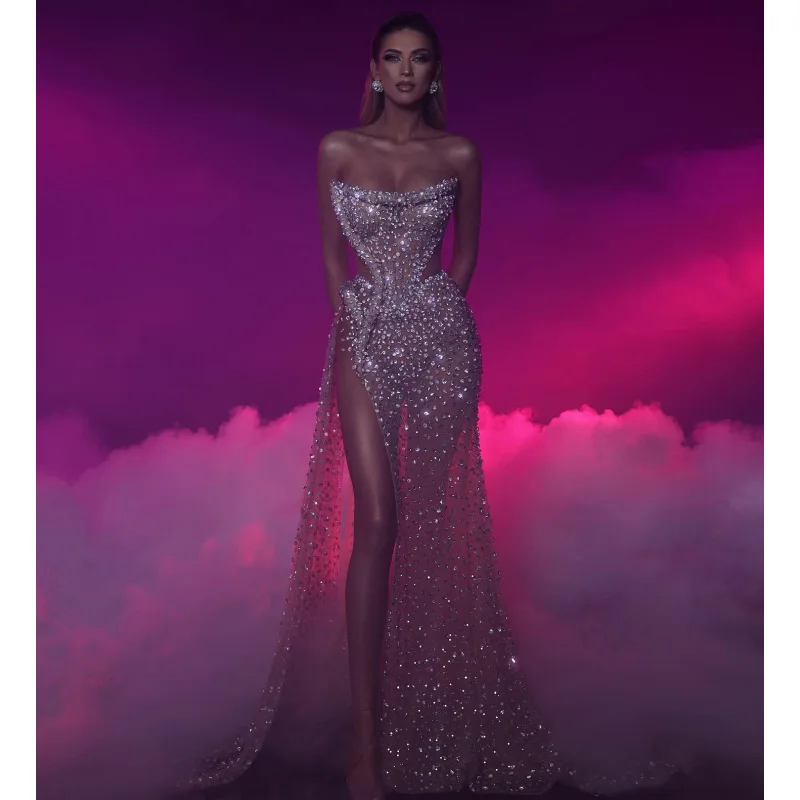 

New Arrival Sexy Hollow Out High Slit Strapless Sequin Dress for Socialite Evening Party