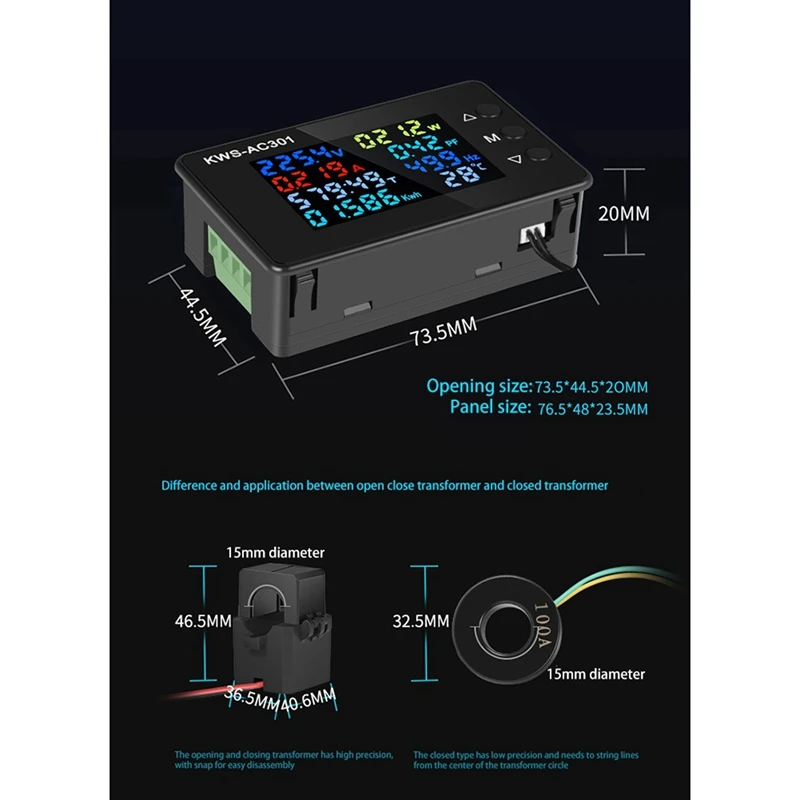 2X Digital Display Current Voltmeter 50-300V AC Wattmeter Multifunction Electric Meter Power Detector AC100A Close