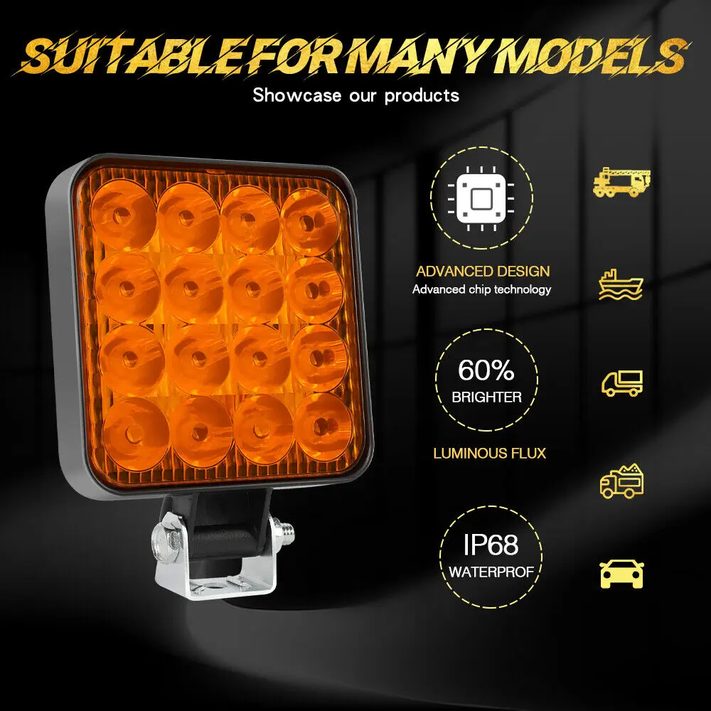 2pcs Square Led Work Light Pods Amber Lights For Truck Off Road Tractor 12v 24v Car Accessories New 2023