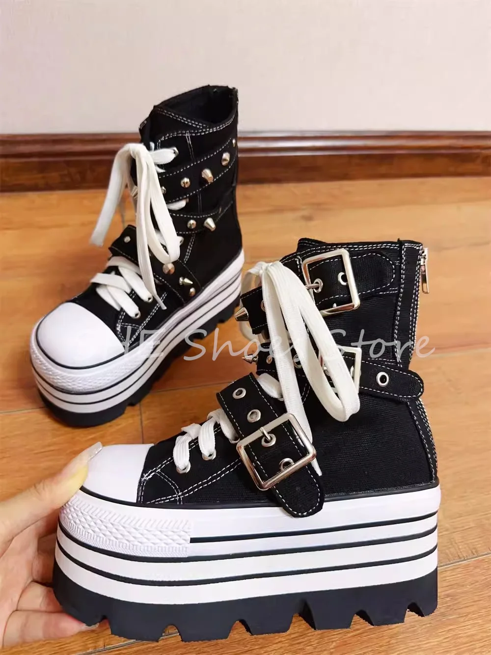 

Punk Rivet Belt Buckle Mixed Color Canvas Shoes for Women Big Round Head Splicing Lace-Up Mid-Calf Chunky Bottom Ladies Boots