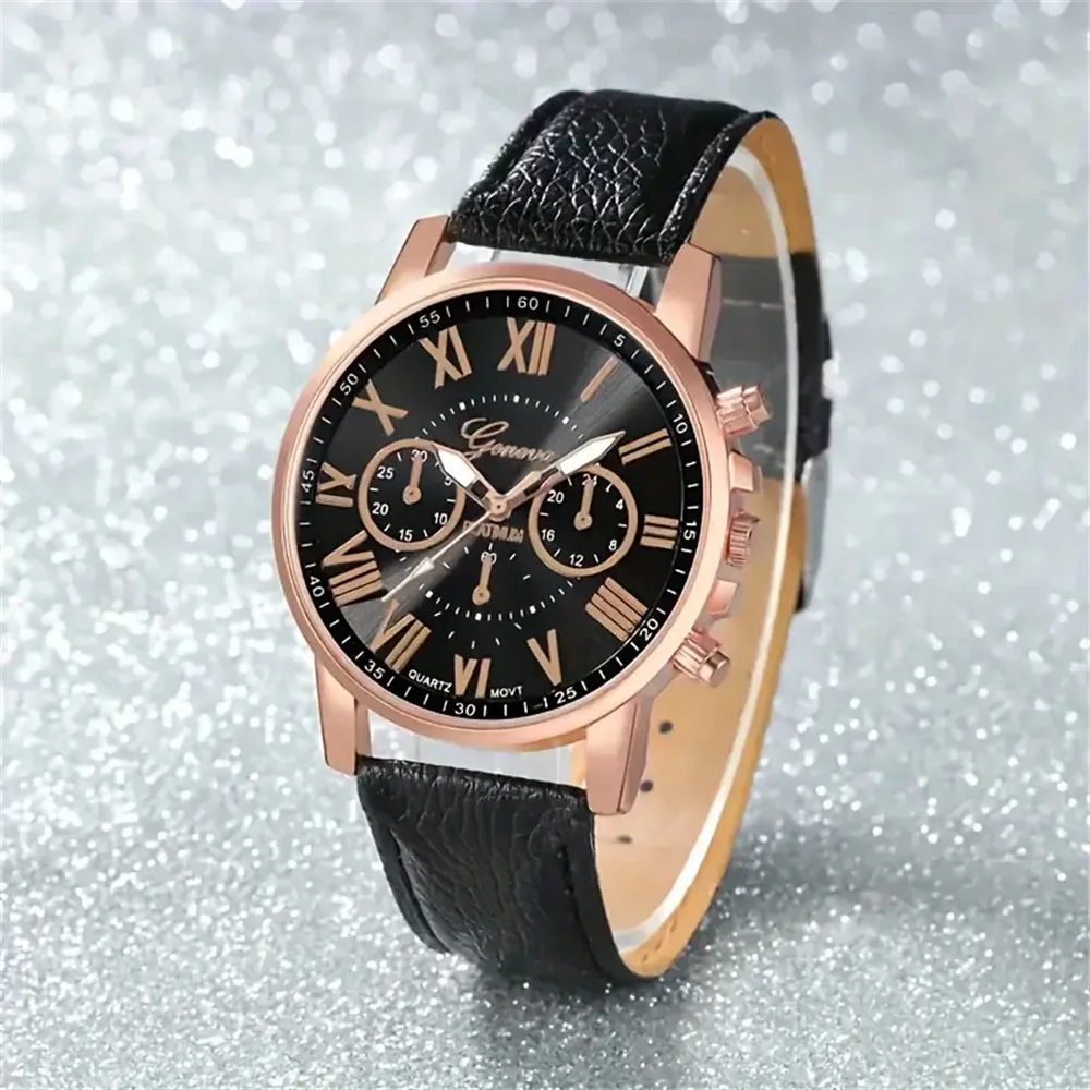 

5PCS Women's Watches Fashion Roma Dial Leather Band Quartz Watch（Without Box