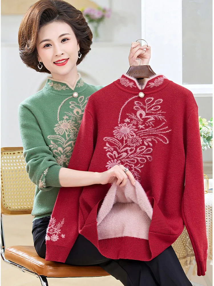 

n Tops2024 Middle-aged Women Autumn Winter Sweaters Pullovers Thicke Warm Bottoming Wool Knitted Sweater Mother Clothing Female