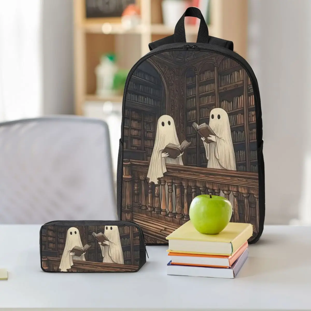 Cute Ghost Reading Books Design Backpack Student BookBag School Bag Shoulder Bags 3ps Insulated Lunch Bag Pencil Case