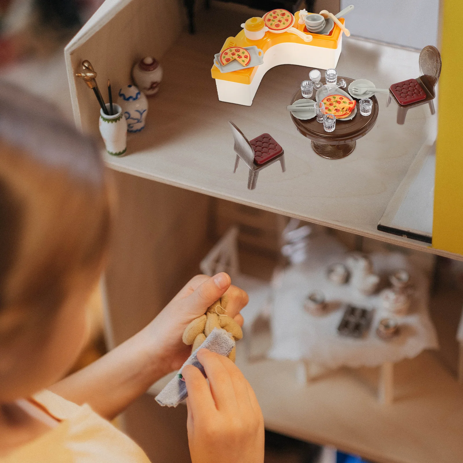 1세트 미니어처 주방 장면 미니 하우스 액세서리 고급 시뮬레이션 사실적인 색상 놀이용 미니 주방 세트