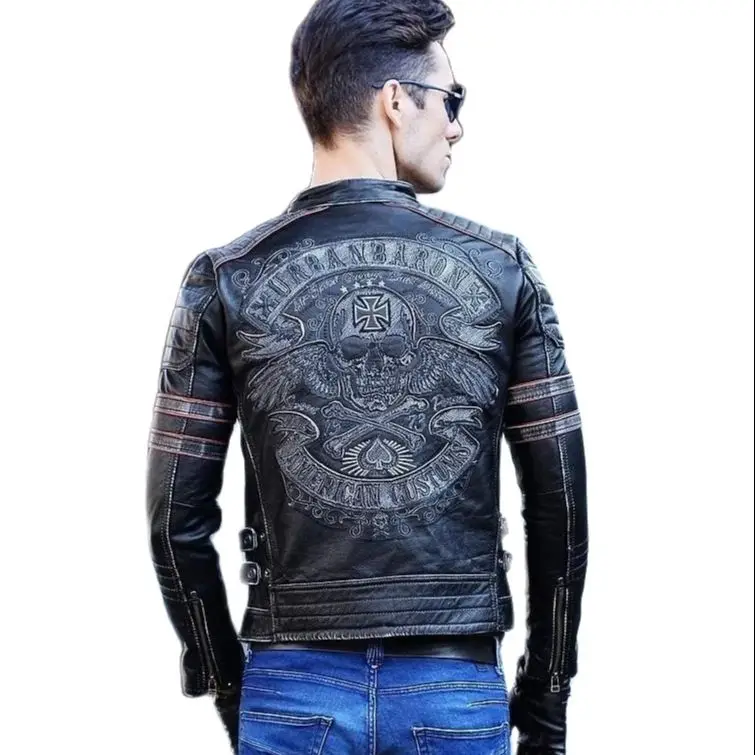 Free shipping Brand clothing men skull leather Jacketsmen's top genuine Leather biker jacket.motorcycle homme Fitness