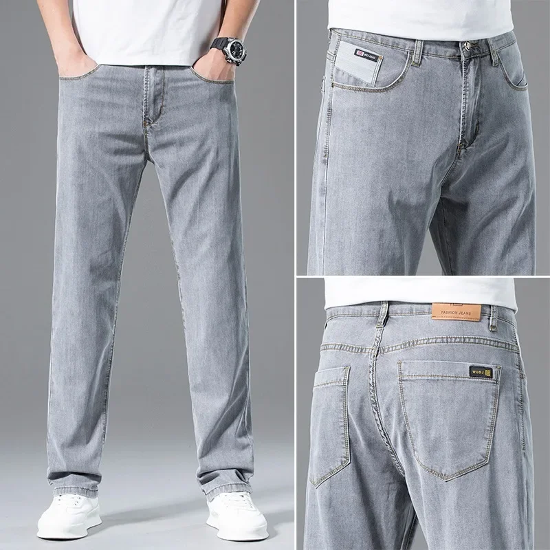 

Lyocell Men's Loose Straight Jeans Summer Ultra-thin Ice Silk Cool Drape Pants Fashion Business Casual Straight Trousers