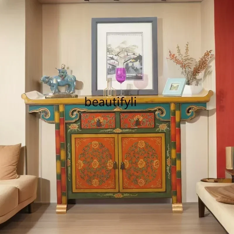 Q181  Painted simple upturned head porch partition cabinet solid wood retro old hand-painted storage side cabinet