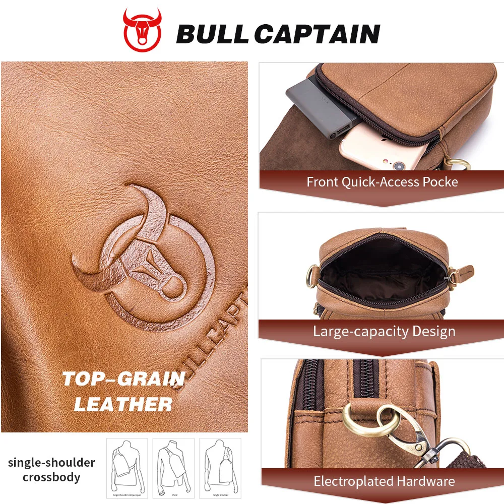 BULLCAPTAIN Casual Men's Messenger Shoulder Bags Premium YKK Smooth Zipper Pocket Leather Shoulder Bag for Men Male Belt Bag's