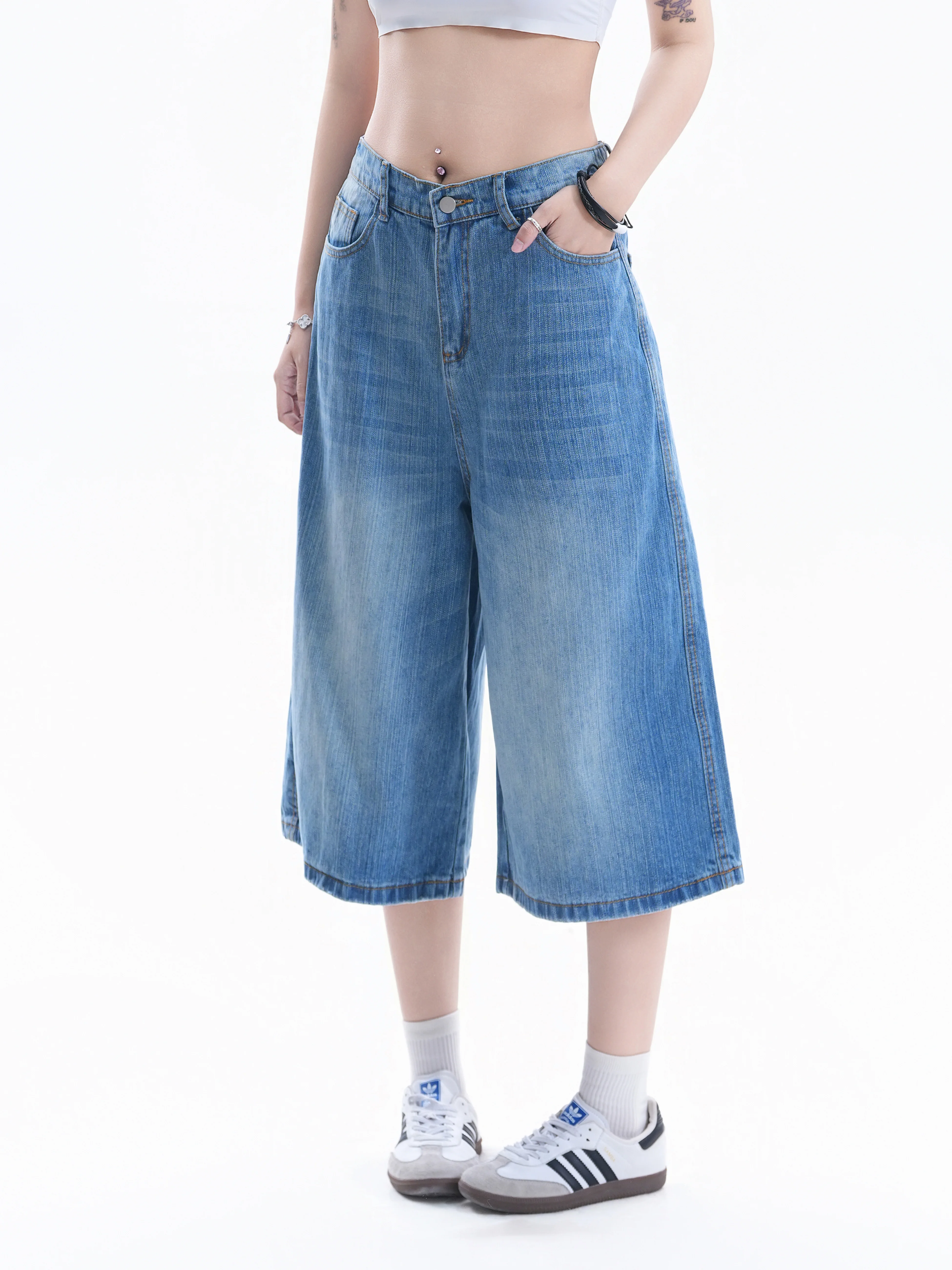 Simple Pure Color Denim Wide Leg Loose Lazy American Retro Casual Pants Seven-Foot Jeans Natural Waist Cotton Summer Ladies
