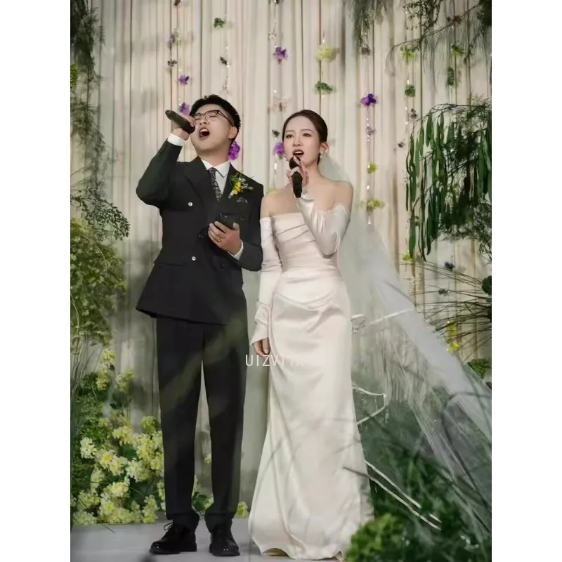 

2025 Mermaid Princess Wedding Dresses White Long Sleeve Satin Photos Shoot Bridal Dress Women Wedding Ball Prom Gowns Customized